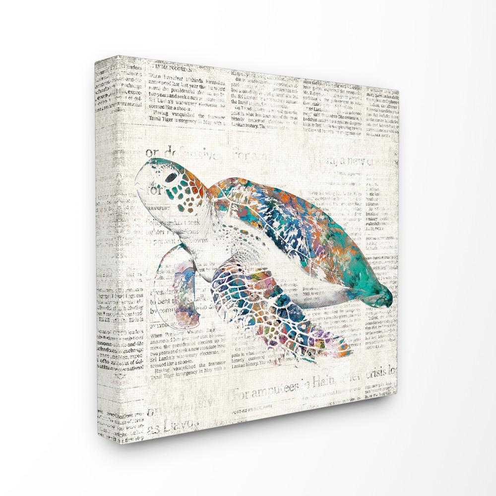 17 In X 17 In Multi Colored Sea Turtle On Aged Newspaper By Main Line Art And Design Printed Canvas Wall Art