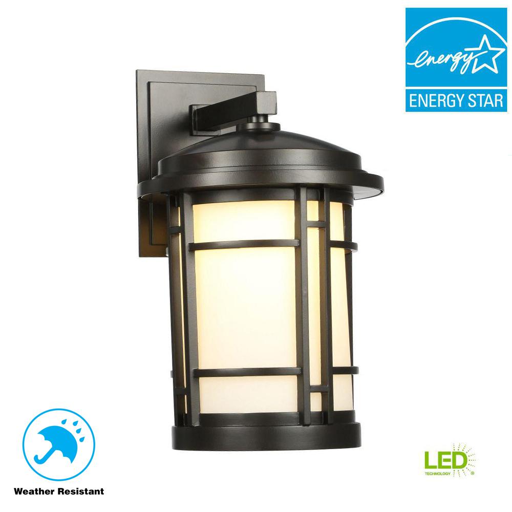Clearance Lighting The Home Depot Burnished Bronze Outdoor Led Wall Sconce With White Opal Glass