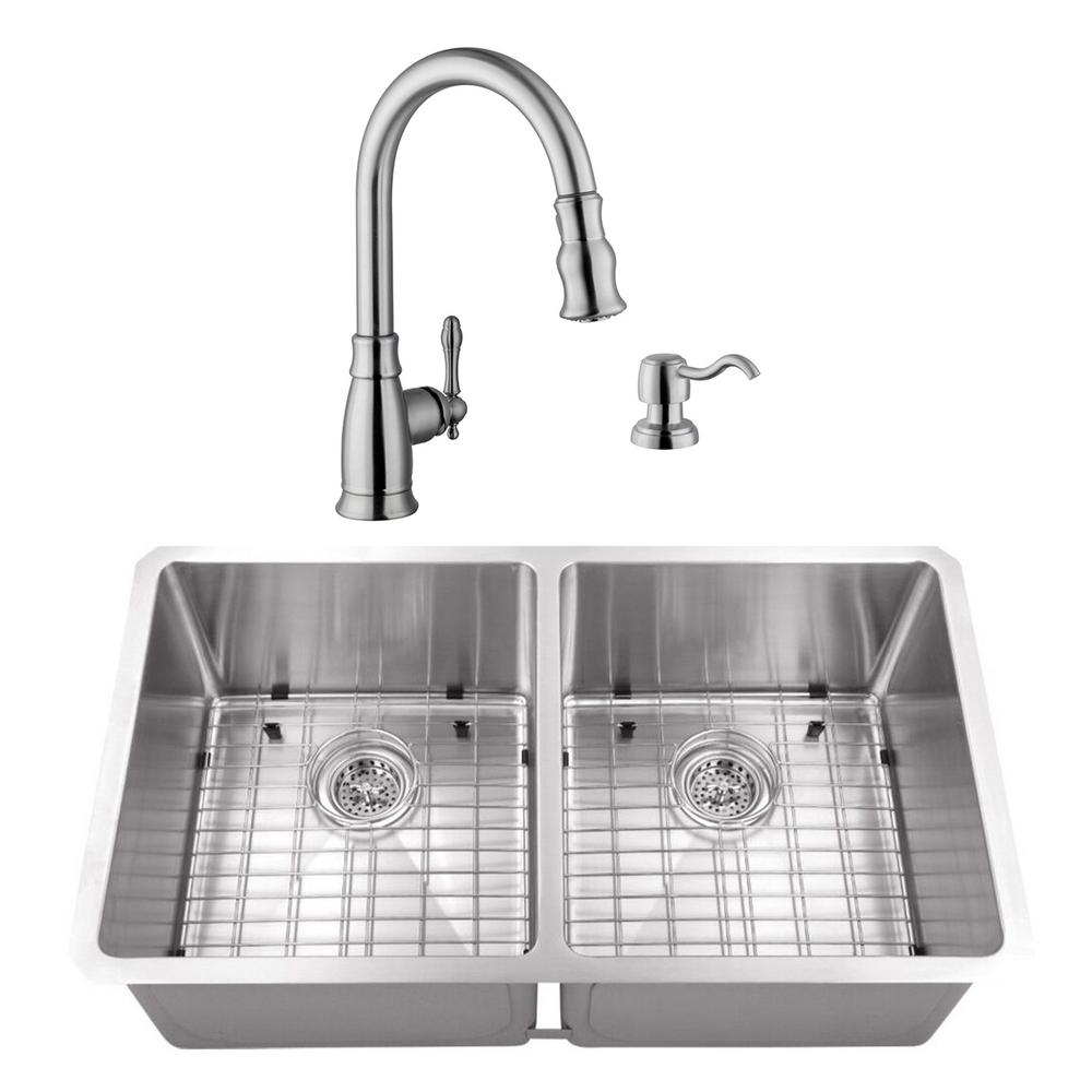Cahaba Undermount Stainless Steel 32 In 50 Double Bowl Kitchen Sink With Brushed Nickel Faucet