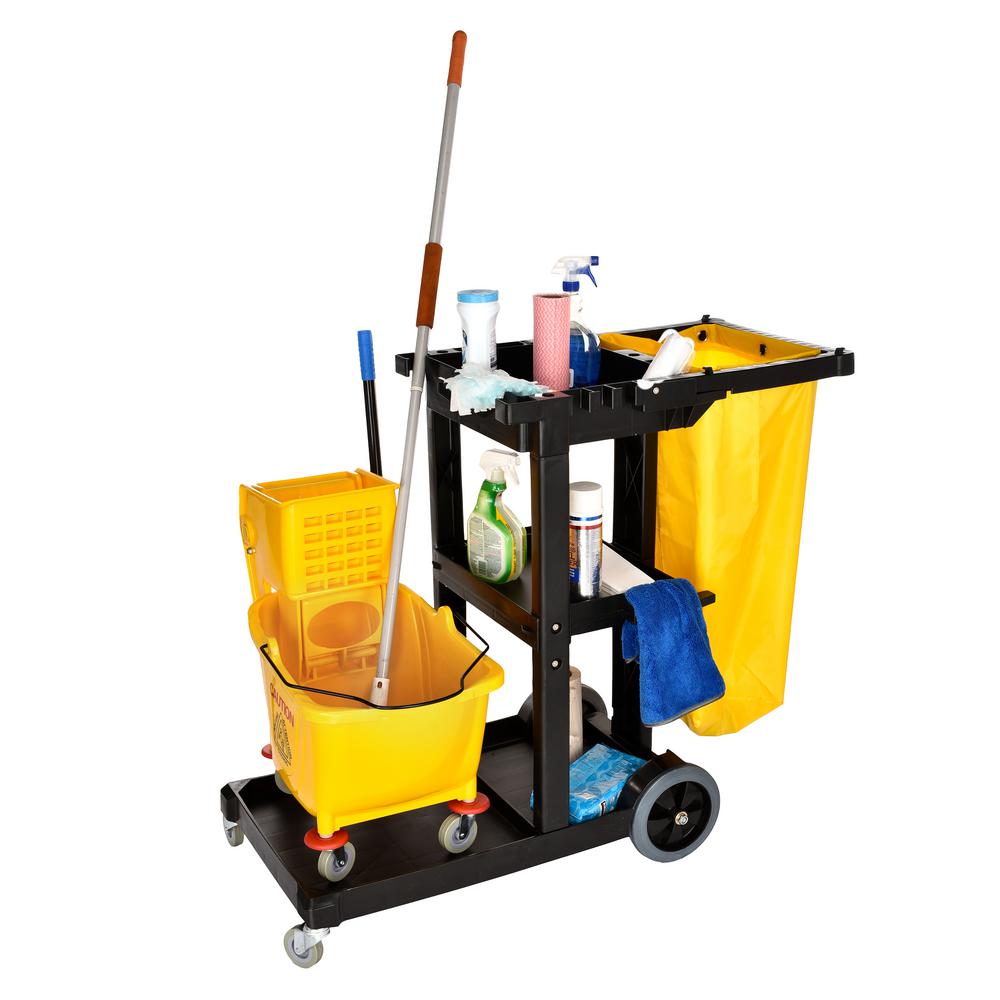3 Shelf Janitorial Platform Cleaning PVC Cart Yellow Vinyl Collection