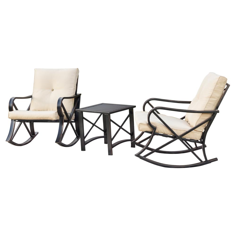 Patio Festival 3 Piece Metal Patio Rocker Conversation Set With Beige Cushions Pf19031 K The Home Depot