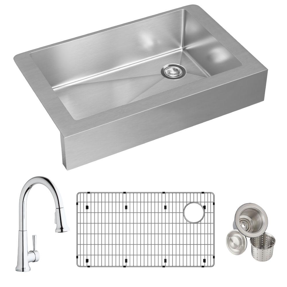 Elkay Crosstown All In One Farmhouse Apron Front Stainless Steel 36 In Single Bowl Kitchen Sink With Faucet Drain And Grid