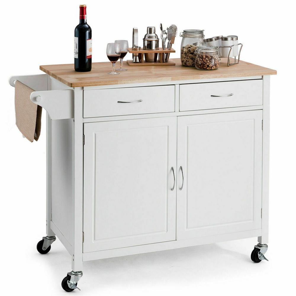 Costway White Modern Rolling Kitchen Cart Island Wood Top Storage