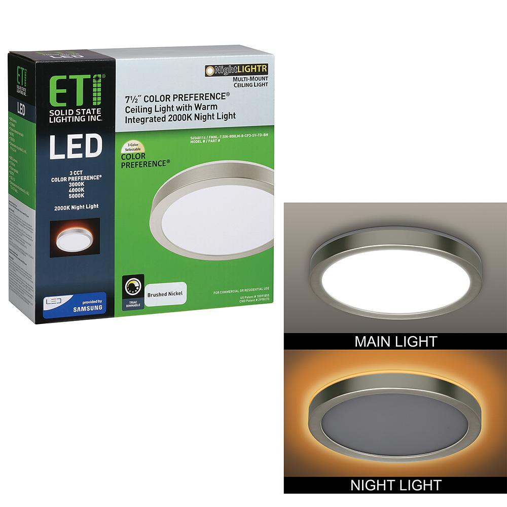 ETi 7.5 in. 12W Dimmable Brushed Nickel Round LED Flush Mount Night