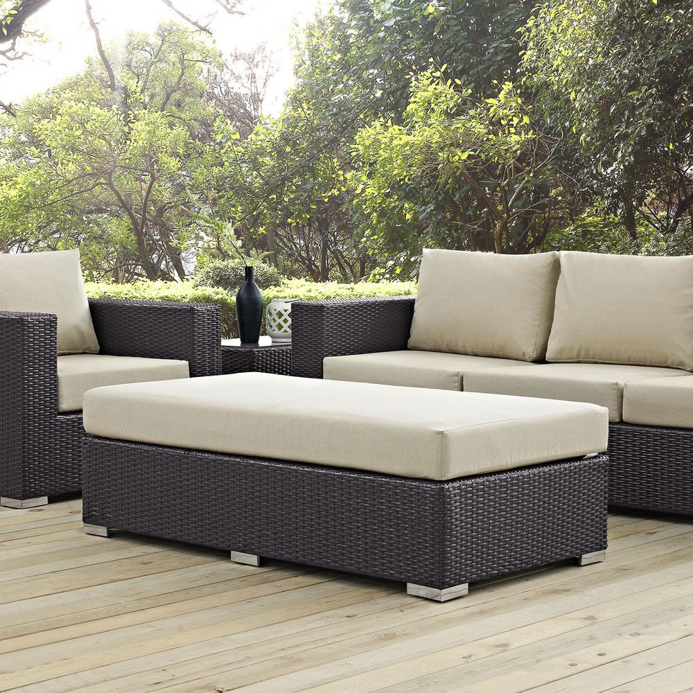 Modway Convene Wicker Outdoor Patio Fabric Rectangle Ottoman In Espresso With Beige Cushion