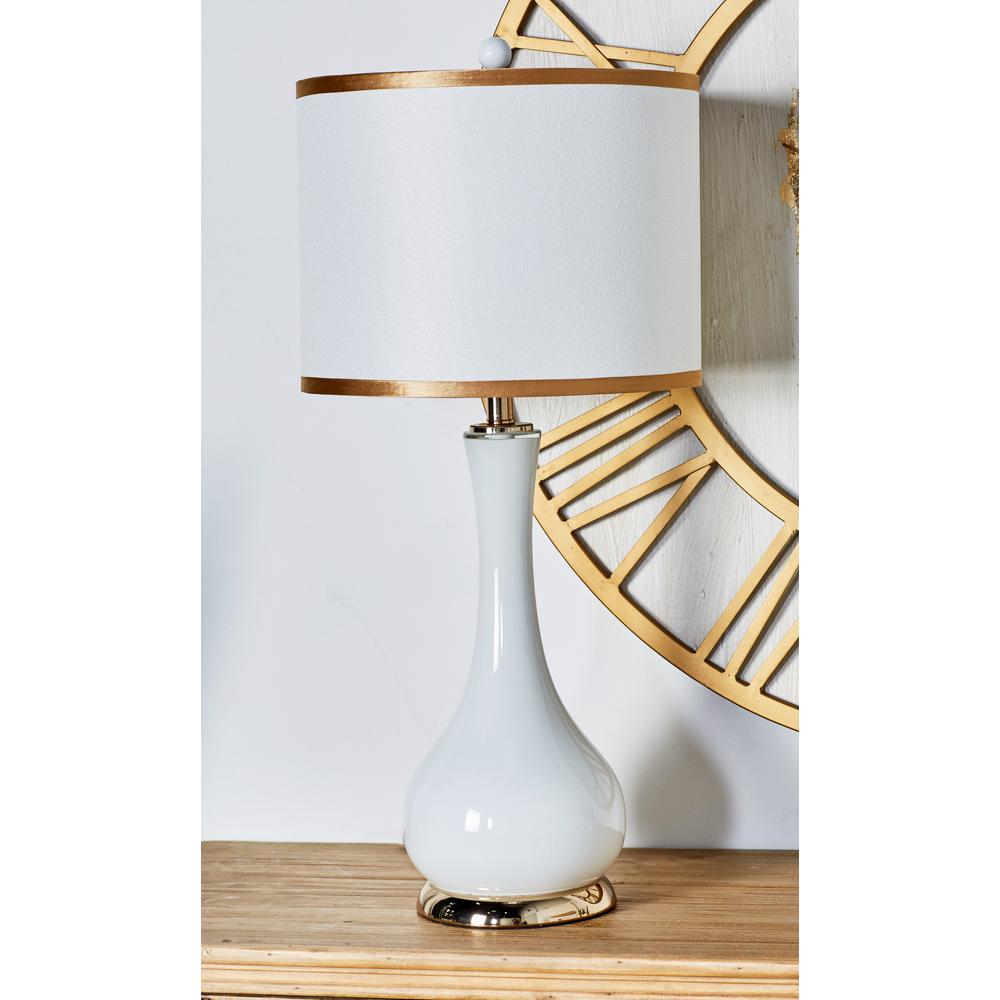 29 In White Long Necked Vase Table Lamp With Gold Rimmed Drum Shade White Long Necked Vase Table Lamp With Gold Rimmed Drum Shade