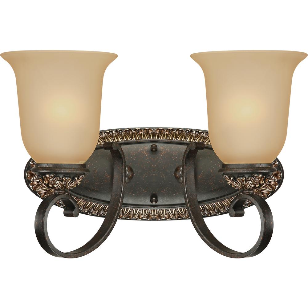 Volume Lighting Bristol 2 Light Indoor Vintage Bronze With Antique Gold Bath Or Vanity Wall Mount With Sepia Glass Bell Shades V2292 82 The Home Depot