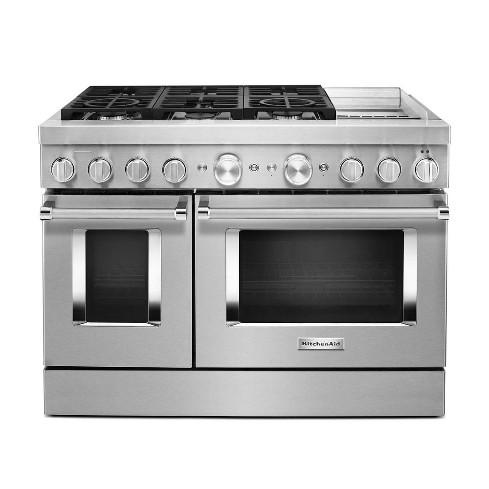 KitchenAid 48 in. 6.3 cu. ft. Smart Double Oven Dual Fuel Range with True Convection in Stainless Steel with Griddle Silver For Sale