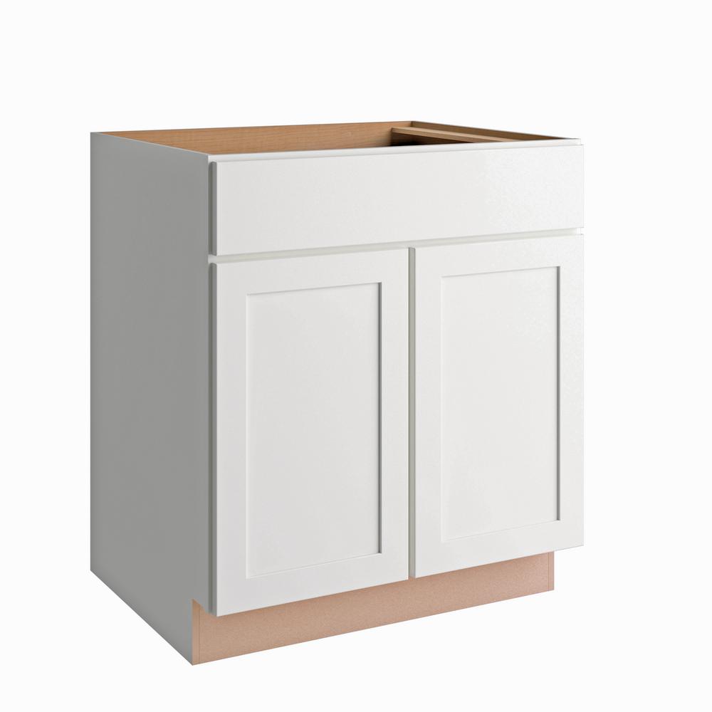 30 in. x 34.5 in. x 24 in. Hampton Bay Courtland Shaker Assembled Stock Sink Base Kitchen Cabinet in Polar White Finish