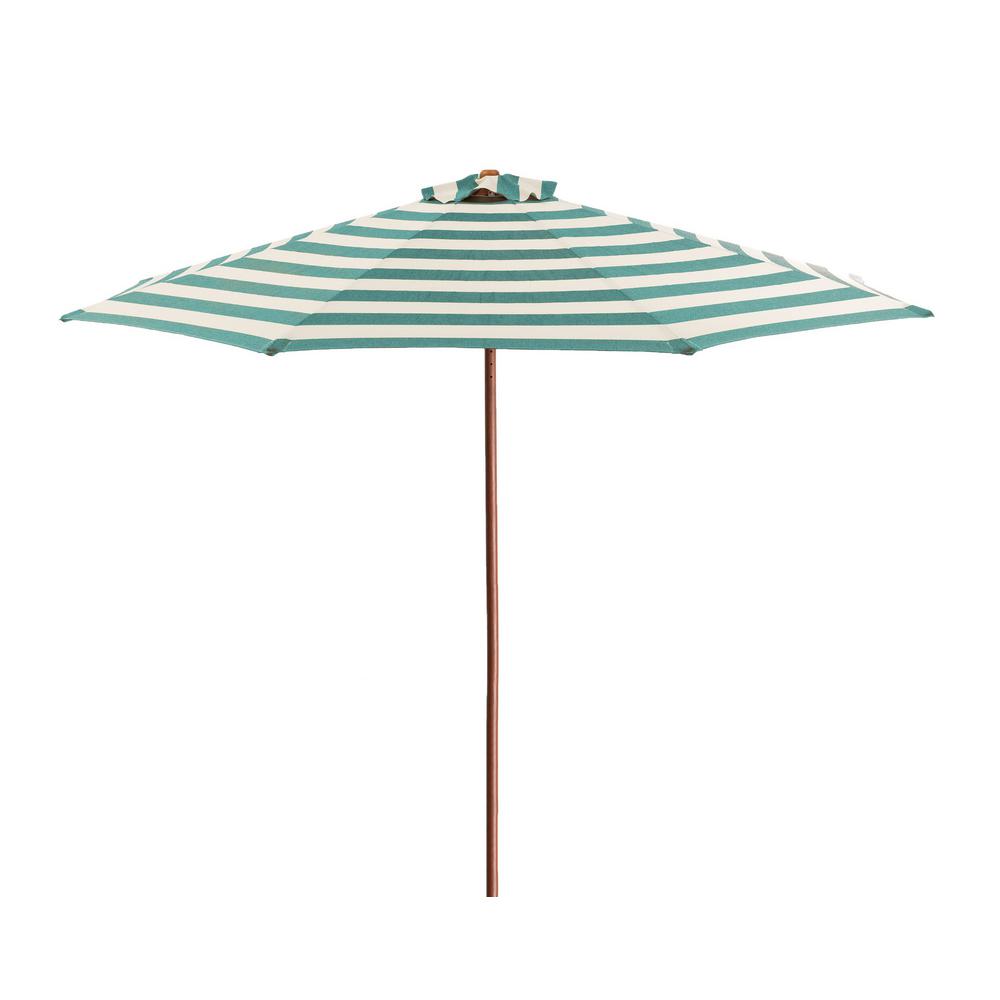 Destinationgear 9 Ft Wood Market Patio Umbrella In Soft Teal And Ivory Stripe Solution Dyed Polyester 1281 The Home Depot