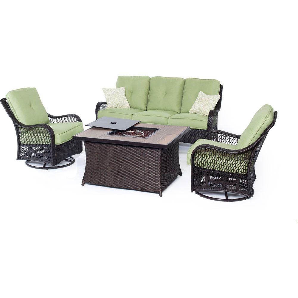Hanover Orleans 4 Piece All Weather Wicker Patio Fire Pit Seating Hanover Orleans 4 Piece All Weather Wicker Patio Fire Pit Seating Set With Avocado