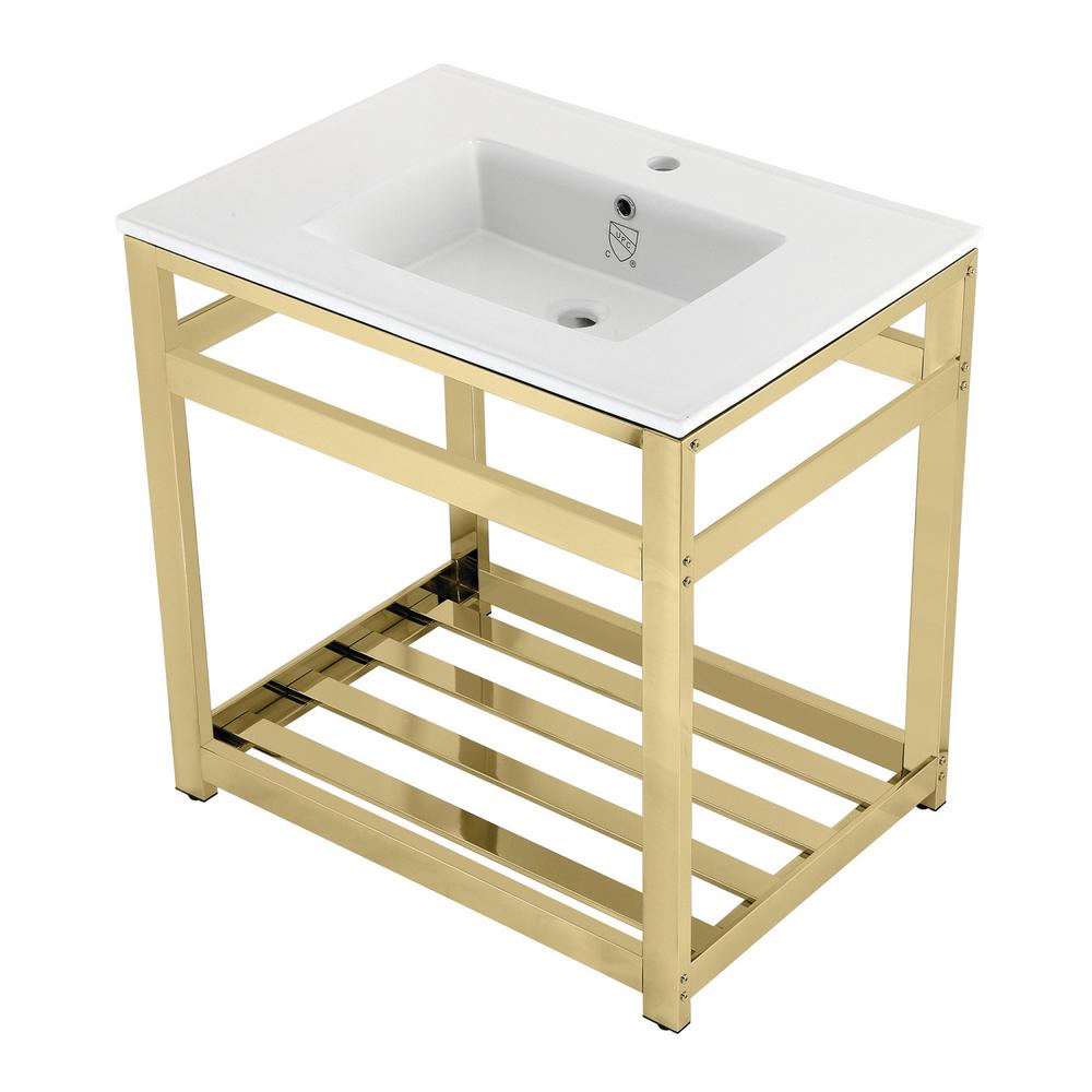 Kingston Brass 31 In Ceramic Console Sink 1 Hole With Stainless   White Polished Brass Kingston Brass Console Sinks Hvwp3122a2 64 600 