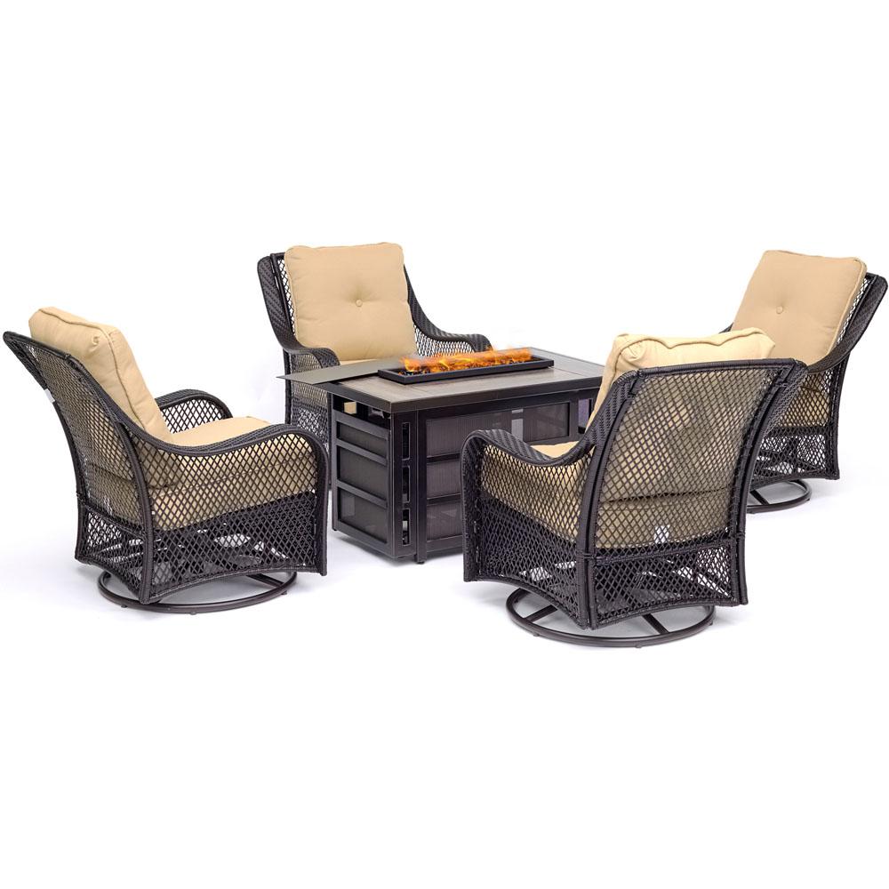 Hanover Orleans 5 Piece Wicker Patio Fire Pit Seating Set With Hanover Orleans 5 Piece Wicker Patio Fire Pit Seating Set With Sahara Sand Cushions