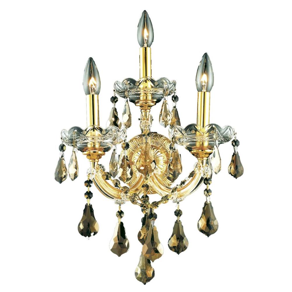 Elegant Lighting 3-Light Gold Sconce with Golden Teak Smoky Crystal ...