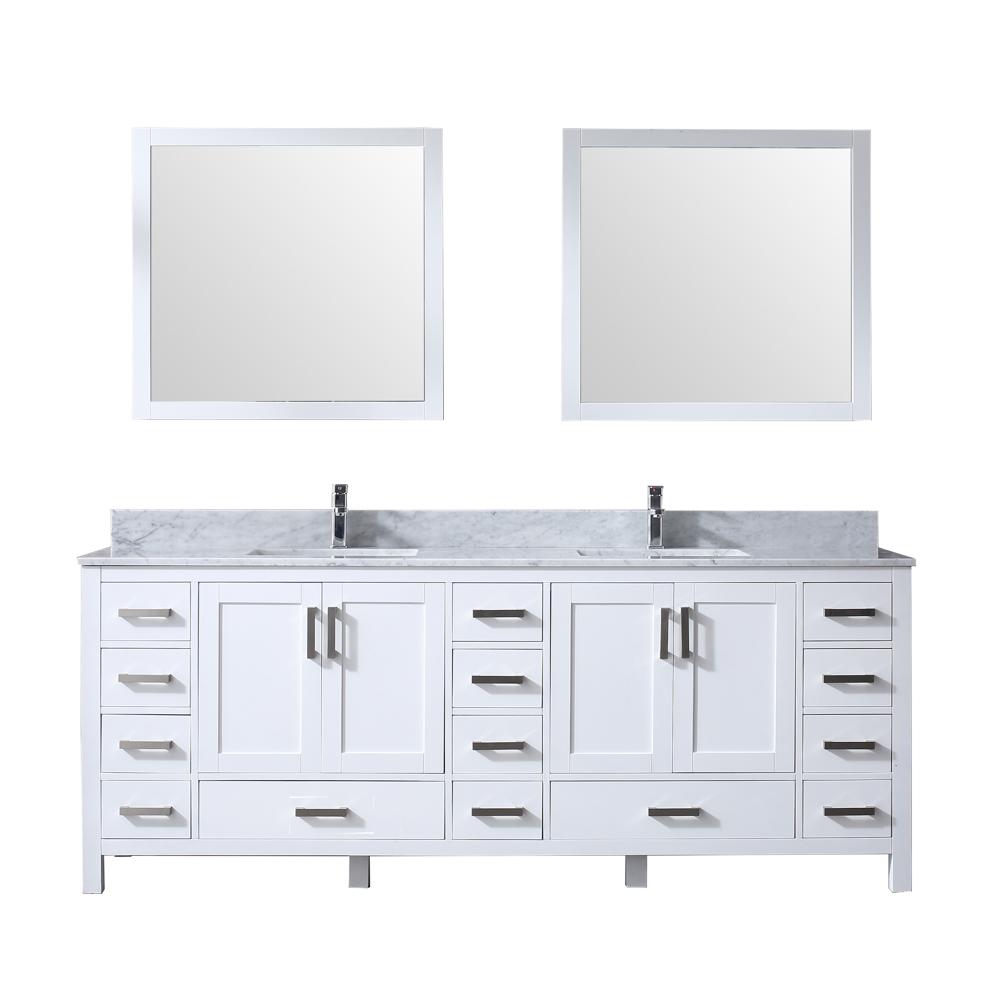 Lexora Jacques 84 In Double Bath Vanity In White W White Carrera Marble Top W White Square Sinks And 34 In Mirrors