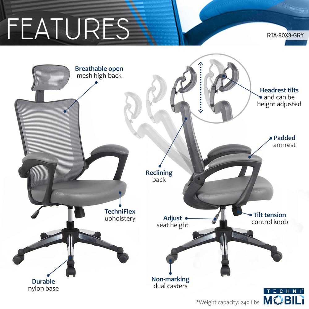 Techni Mobili Gray High Back Mesh Executive Office Chair With 5