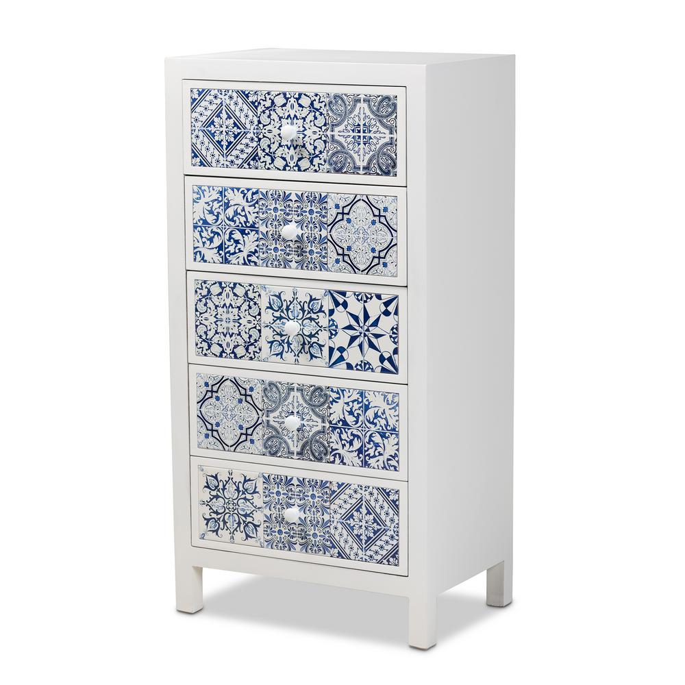 Baxton Studio Alma Spanish Mediterranean Inspired White Wood and Blue Floral Tile Style 5-Drawer Accent Chest