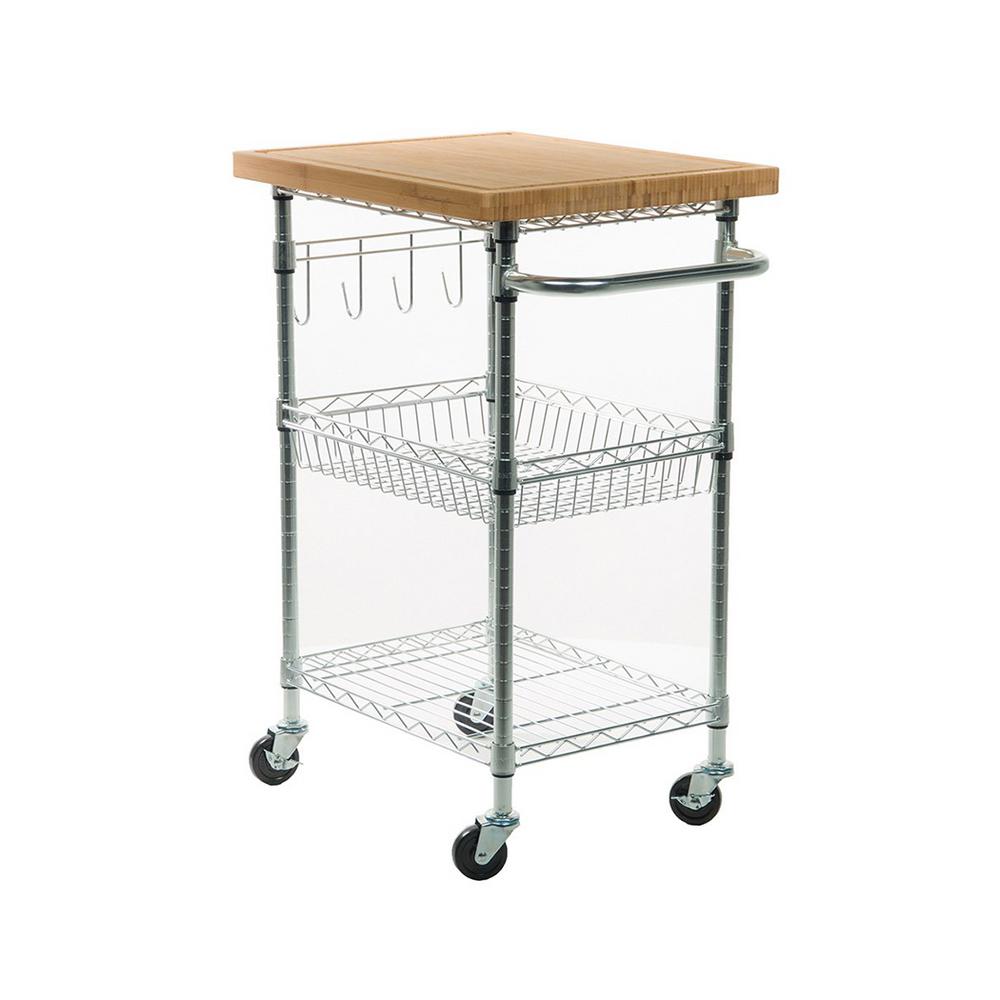 TRINITY Eco Storage Chrome Kitchen Cart With Bamboo Top TBFZ1401 The