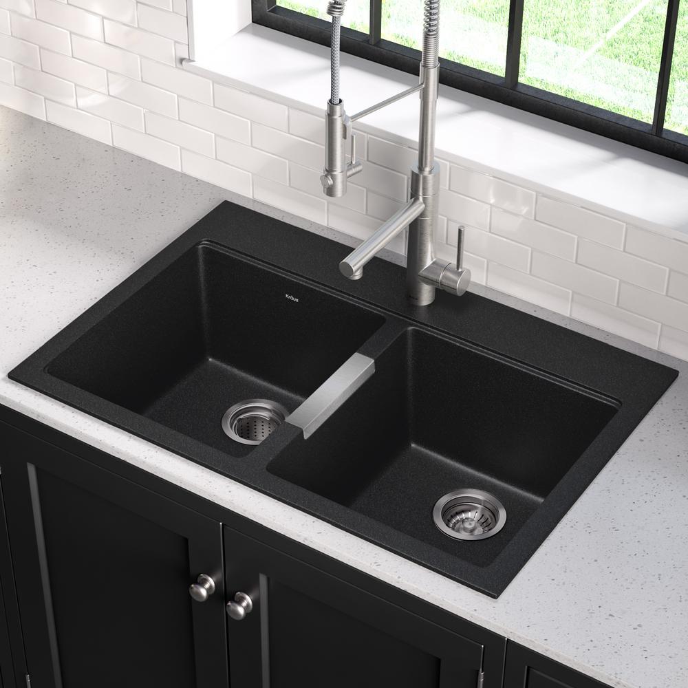 Kraus Drop In Undermount Granite Composite 33 In 1 Hole 50 50 Double Basin Kitchen Sink Kit In Black Onyx Kgd 433b The Home Depot