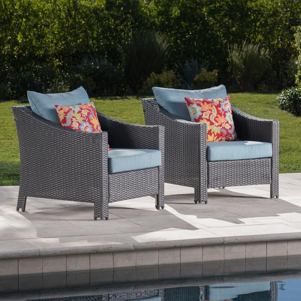 Noble House Antibes Gray Wicker Outdoor Club Lounge Chairs with Teal