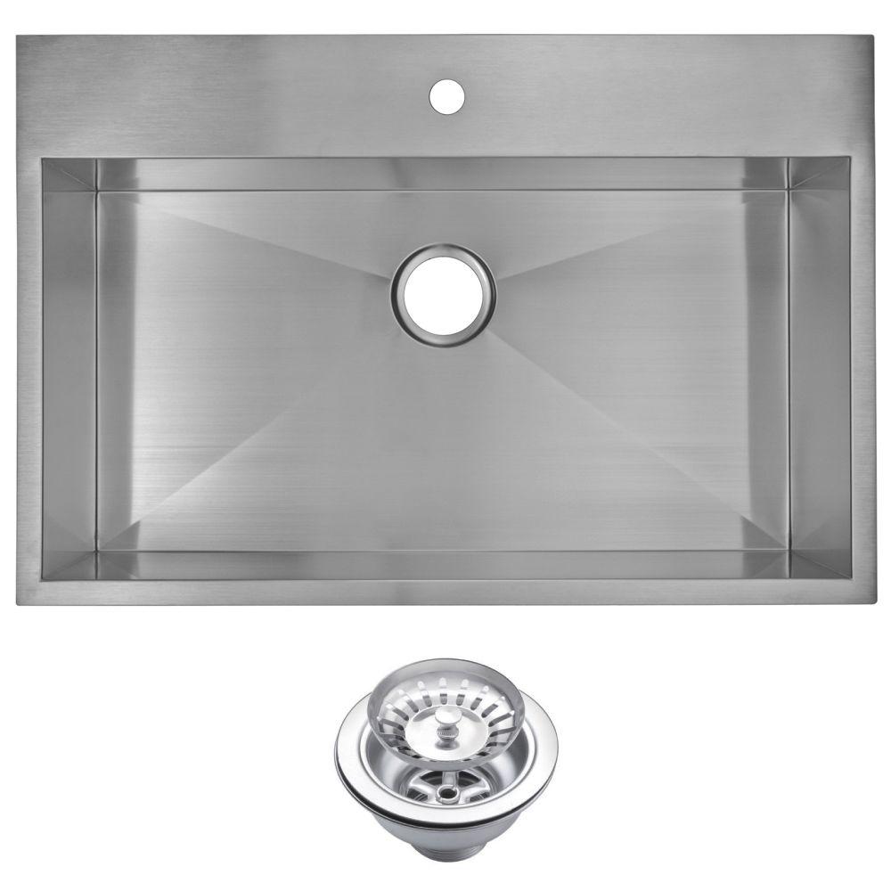 Water Creation Drop In Zero Radius Stainless Steel 33 In 1 Hole Single Bowl Kitchen Sink With Strainer In Satin