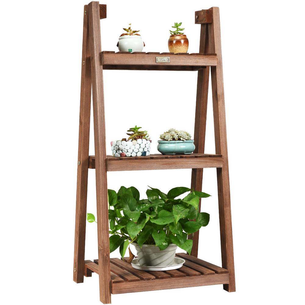 Costway 18 in. x 15 in. x 37 in. Ladder Indoor Outdoor Brown Wood Plant