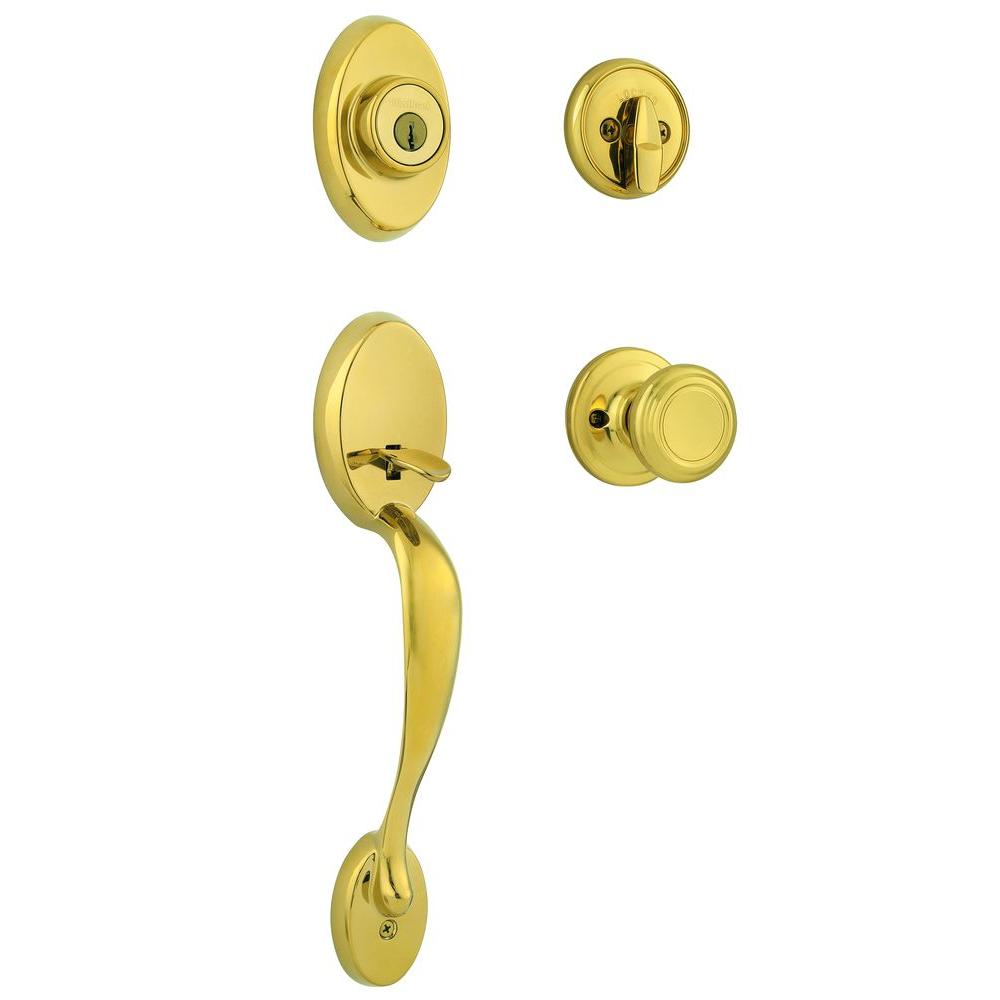 Kwikset Chelsea Lifetime Polished Brass Single Cylinder Door Handleset With Cameron Door Knob Featuring Smartkey Security