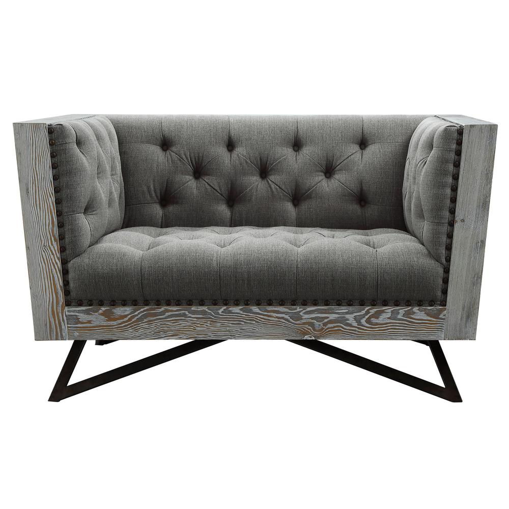Regis Grey Fabric Contemporary Chair With Black Metal Legs And Antique Brown Nailhead Accents