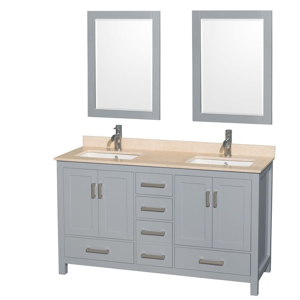 Wyndham Collection Sheffield 60 In W X 22 D Vanity Gray With Marble Top Ivory White Basins And 24 Mirrors