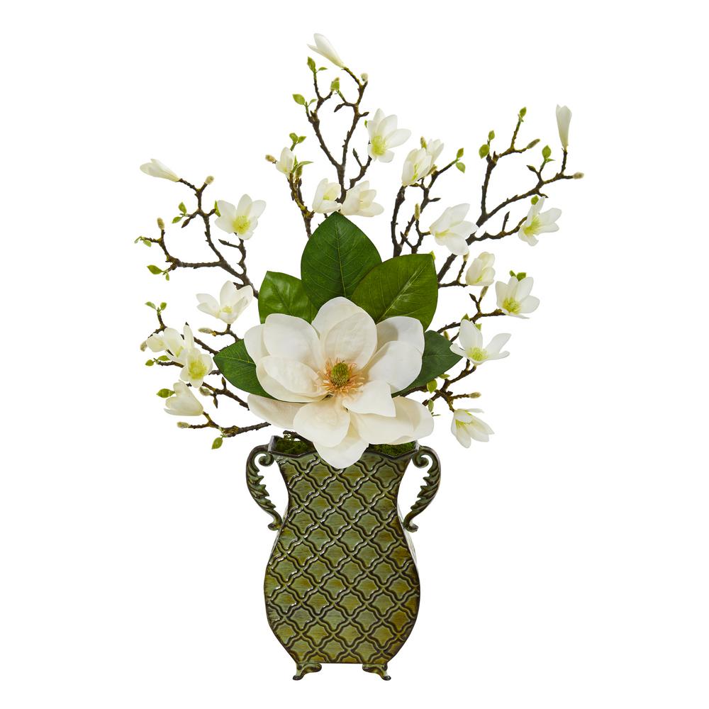 Nearly Natural Magnolia Artificial Arrangement in Metal VaseA1016
