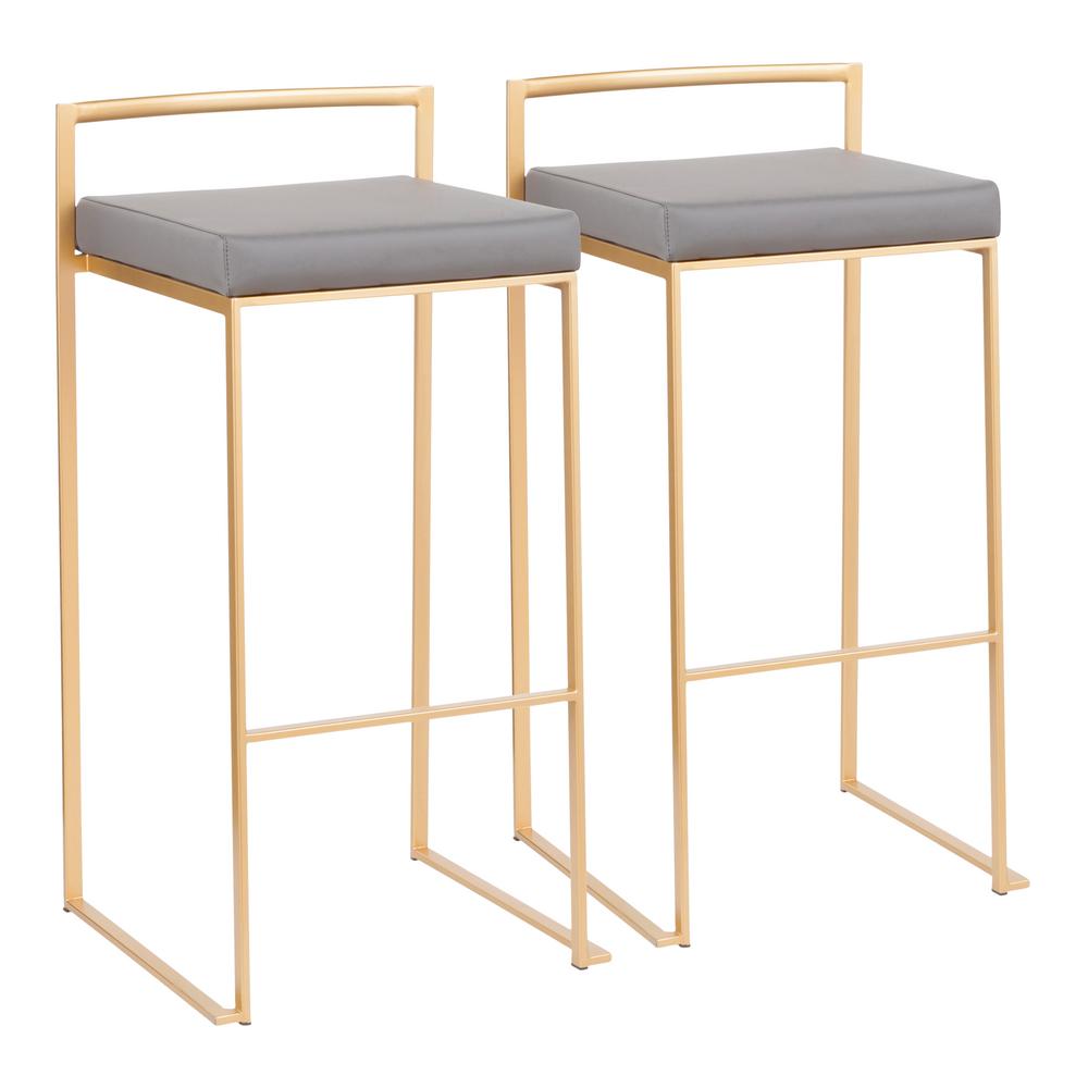 Lumisource Fuji 30 In Gold Stackable Bar Stool With Grey Faux Gold Stackable Bar Stool With Grey Faux Leather Cushion Set