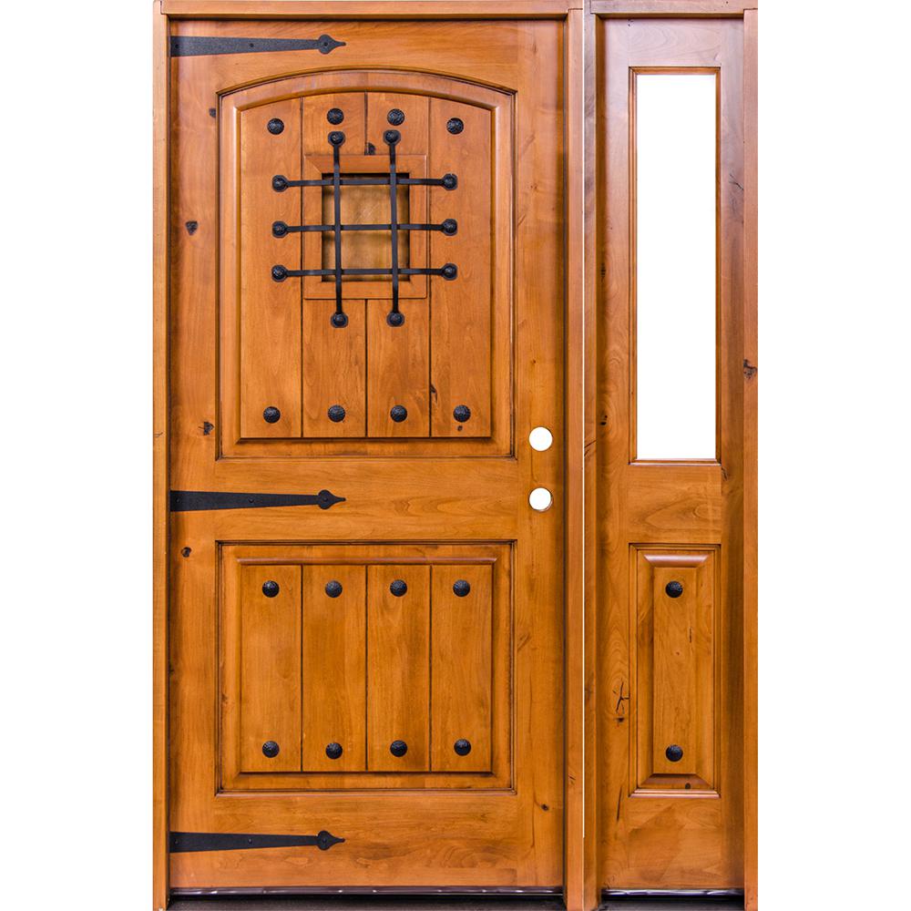 Krosswood Doors 46 In X 96 Terranean Unfinished Knotty Terranean Unfinished Knotty Alder Arch Left Hand Right Half Sidelite Clear Glass Prehung Front Door