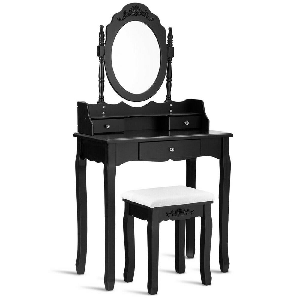 Vanity Compact Makeup Dressing Table Stool Set Jewelry Desk Drawer Mirror Black