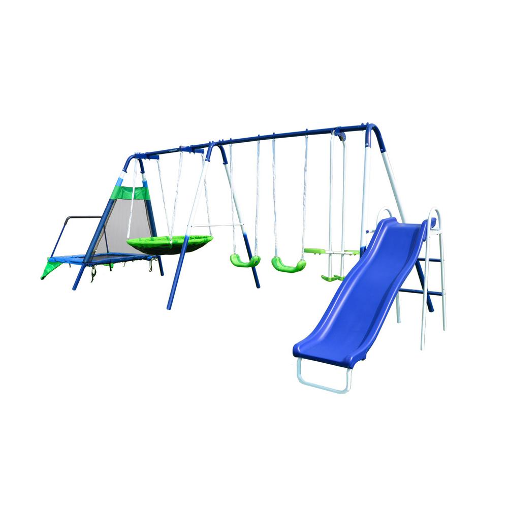 Sportspower Mountain View Metal Swing Slide And Trampoline Set