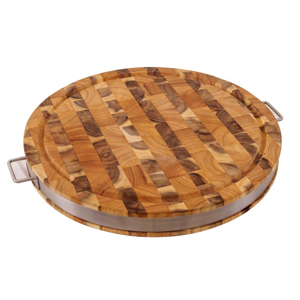Chris And 17 5 In X 2 Thick Round Cutting Board With Thick Round Cutting Board With Stainless Steel Band End Grain 2 Tone Pattern