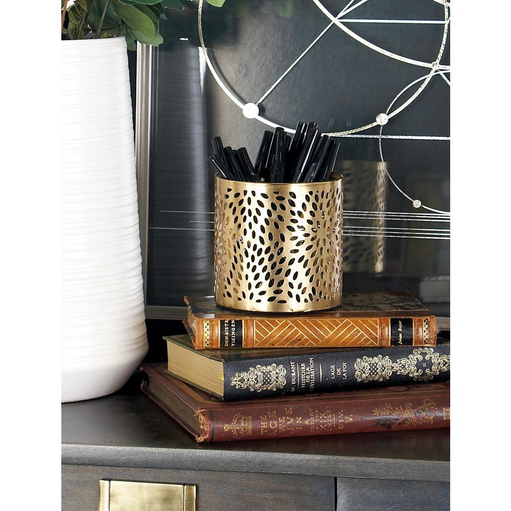 Litton Lane Gold Iron PerforatedDesigned Round Pencil Holder57413