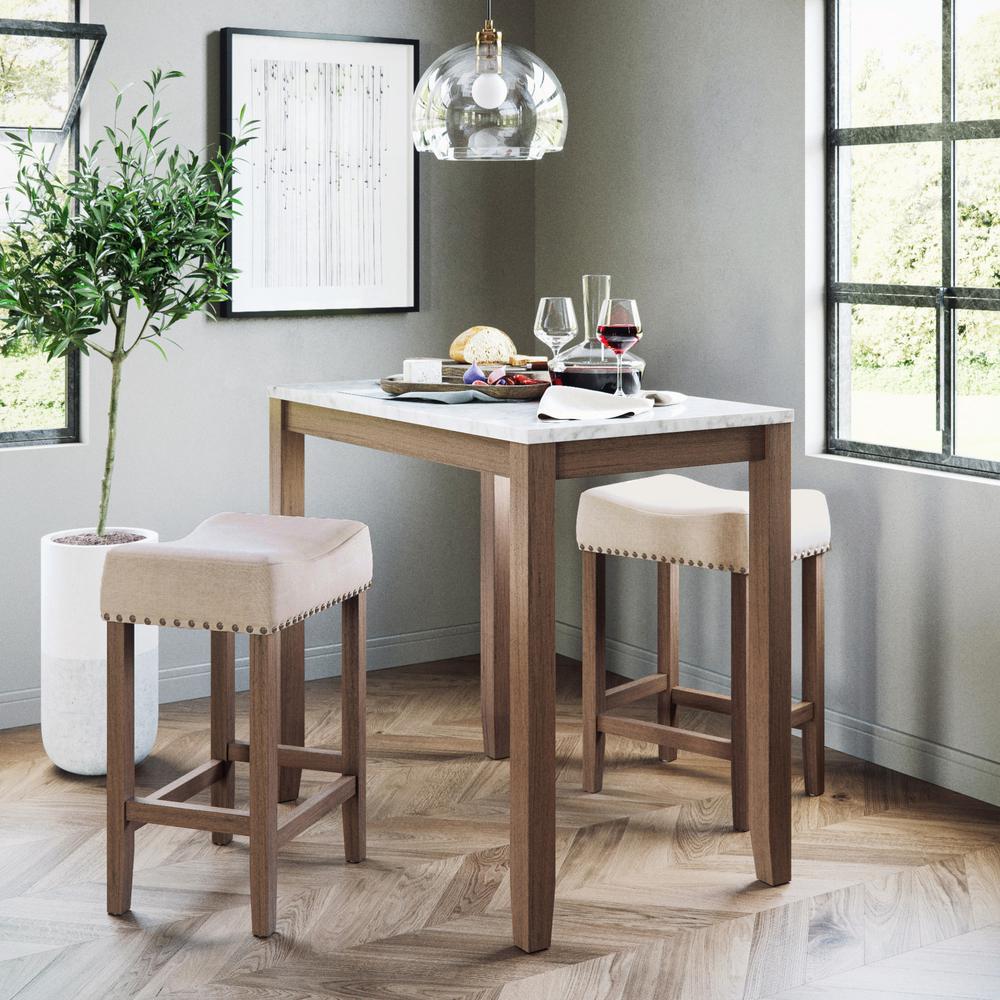 Nathan James Viktor Three Piece Dining Set Kitchen Pub Table White Marble Top Light Brown Wood Base Beige Fabric Seat 41203 The Home Depot - White Round Pub Table And Chairs