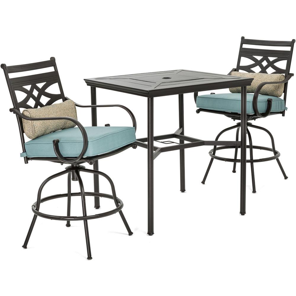 2 3 Person Bar Height Dining Sets Outdoor Furniture The Montclair 3 Piece Metal Outdoor Bar Height Dining Set With Ocean Blue Cushions Swivel
