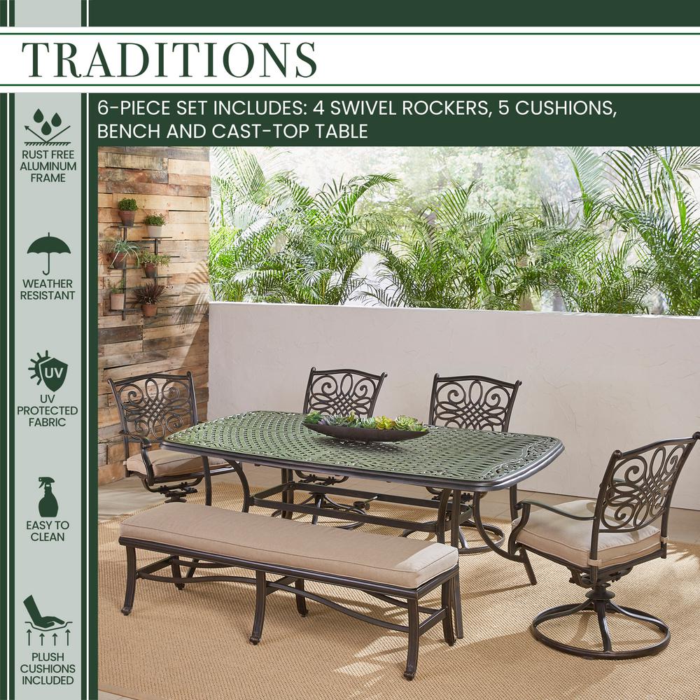 Hanover Traditions 6 Piece Aluminum Outdoor Dining Set With 4 Swivel Rockers Cushioned Bench And Tan Cushions Traddn6pcsw4bn The Home Depot - How To Clean Cast Aluminum Patio Set Hanover Traditions 6 Piece Aluminum Outdoor Dining Set With 4 Swivel Rockers Cushioned Bench And Tan Cushions Traddn6pcsw4bn The Home Depot - How To Clean Cast Aluminum Patio Set