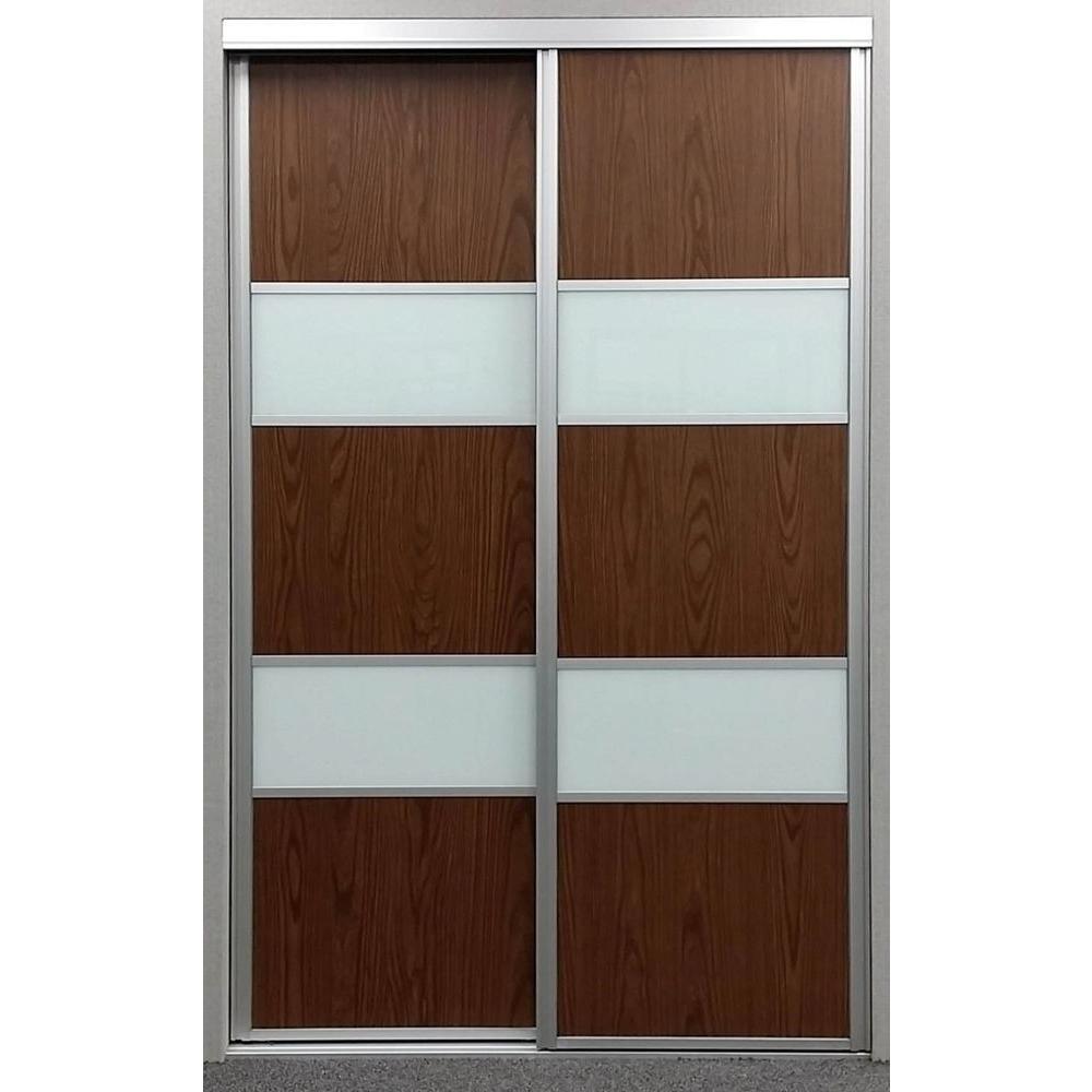 Contractors Wardrobe 60 In X 81 In Sequoia Satin Clear Aluminum Frame Walnut And White Painted Glass Interior Sliding Door