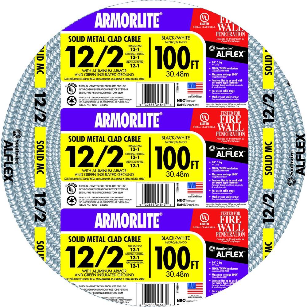 Southwire 12 2 X 100 Ft Solid CU MC Metal Clad Armorlite Cable 