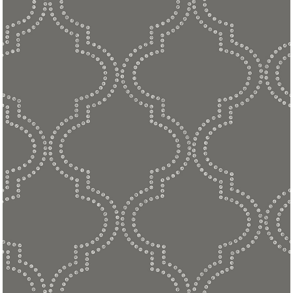 Brewster Tetra Charcoal Silver Dots Quatrefoil Designer Gray Wallpaper 21801
