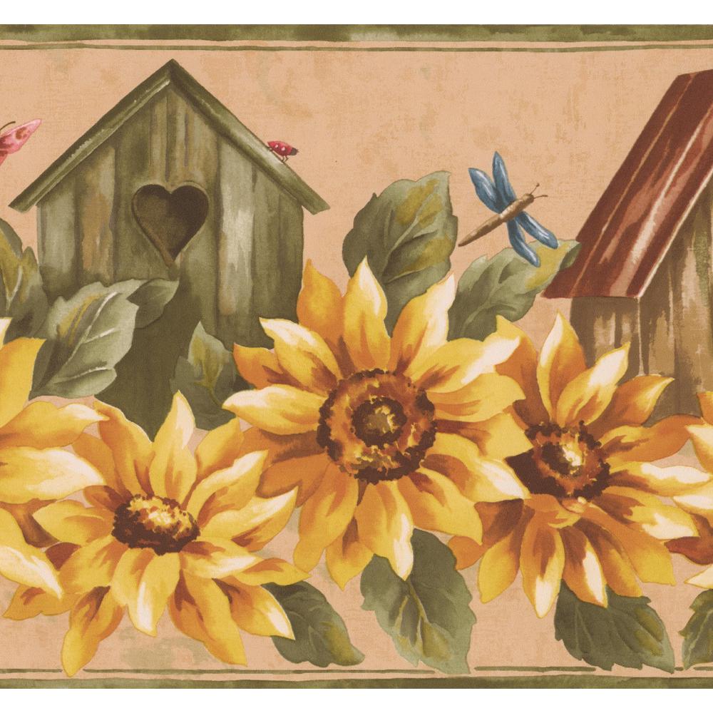 Retro Art Yellow Sunflower And Birdhouse Floral Prepasted