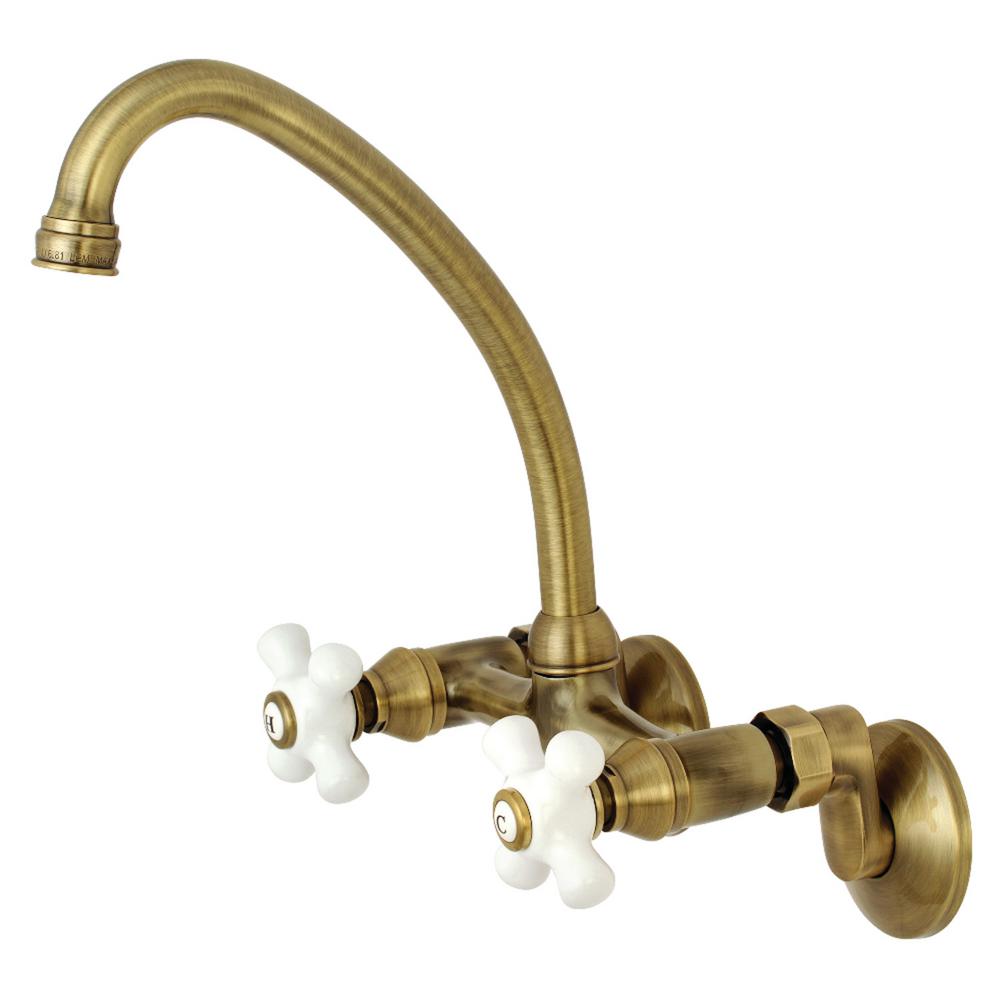 Kingston Brass Kingston 2 Handle Wall Mount Standard Kitchen Faucet In Antique Brass Hks513ab The Home Depot