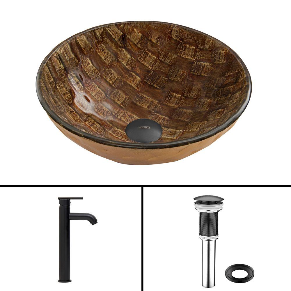 VIGO Glass Vessel Sink in Playa and Seville Faucet Set in Matte Black