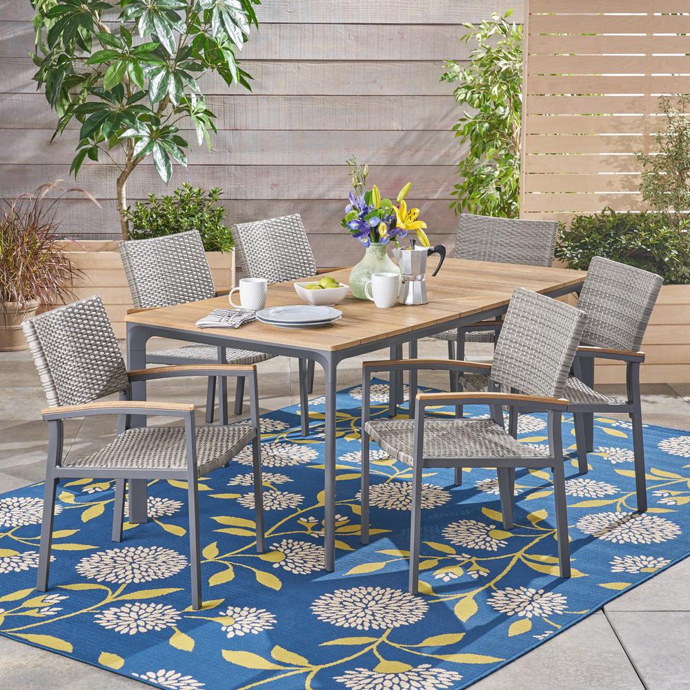 Noble House Fiddle Gray 7-Piece Aluminum and Wicker Outdoor Dining Set ...