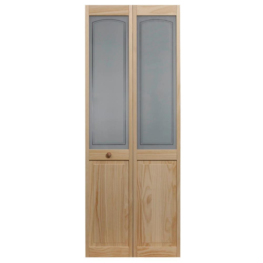 Pinecroft 31 5 In X 80 In Mezzo Glass Over Raised Panel Frost 1 2 Lite Pine Wood Interior Bi Fold Door