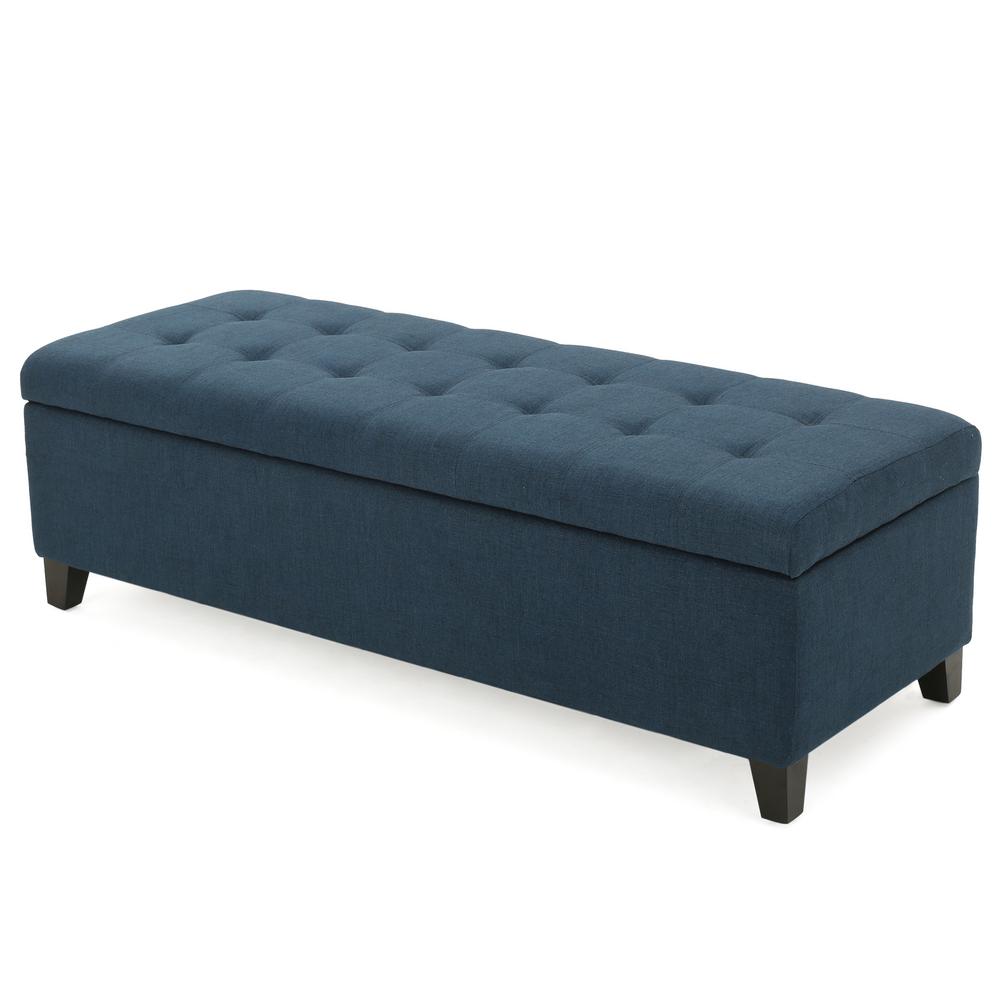 Noble House Mission Dark Blue Storage Fabric Ottoman Bench 299432 - The