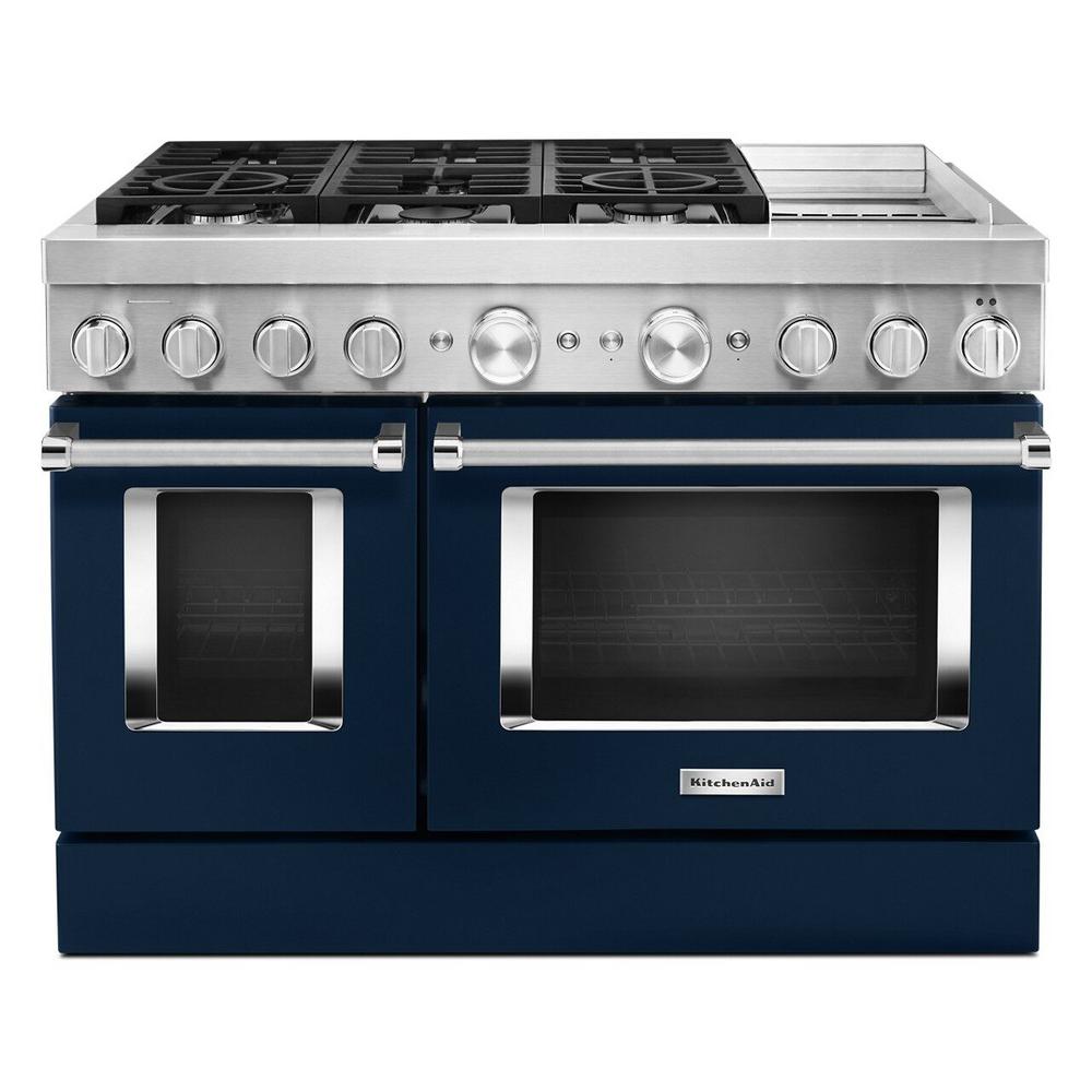 KitchenAid 48 in. 6.3 cu. ft. Smart Double Oven Dual Fuel Range with True Convection in Ink Blue with Griddle For Sale