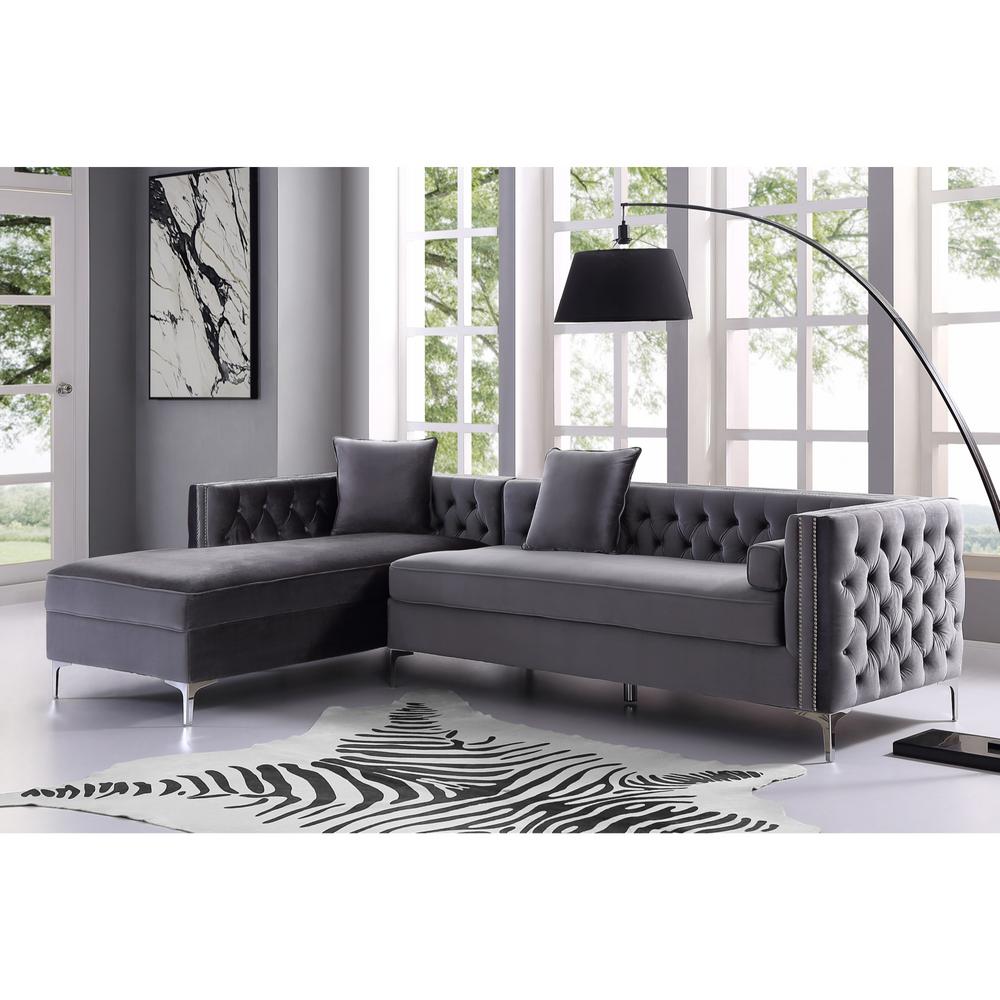 Olivia Grey Silver Velvet Left Facing Sectional Sofa With Nailhead Trim